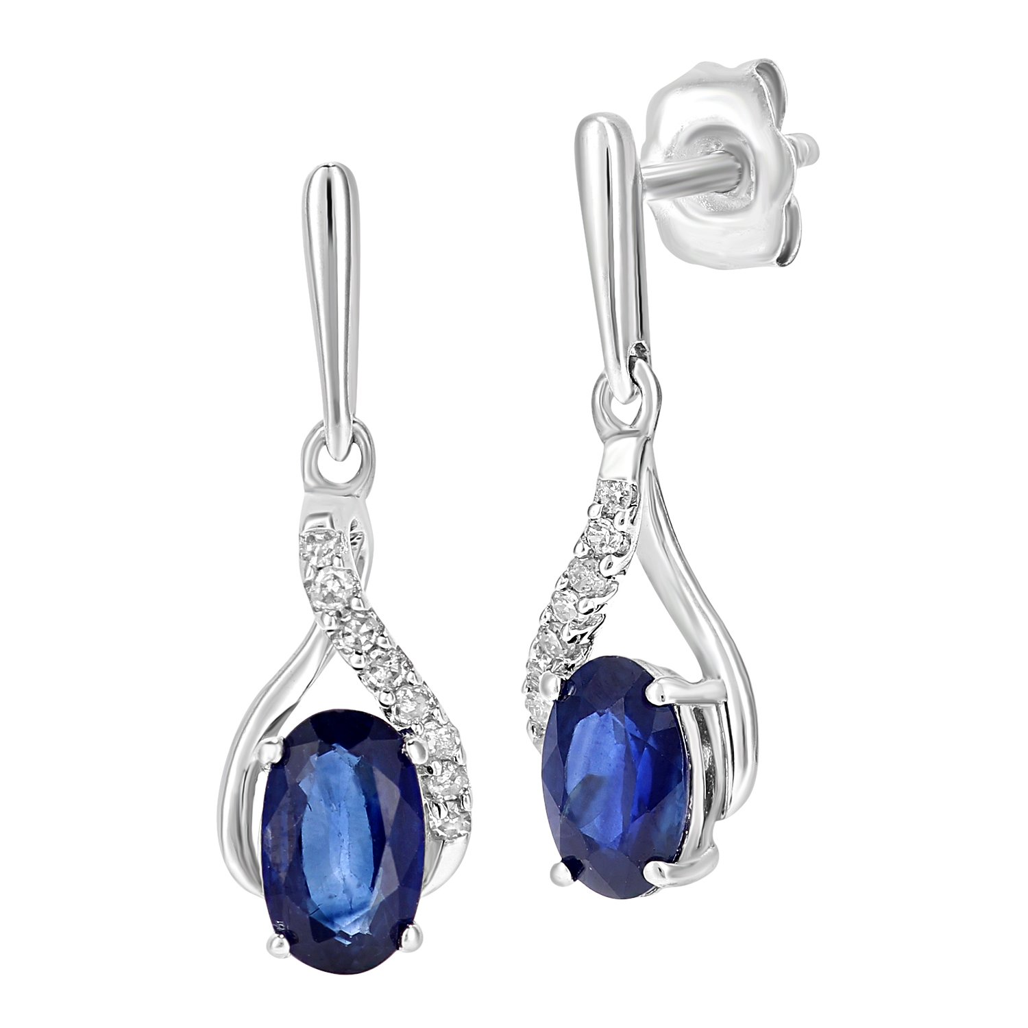 9ct White Gold Women’s Earrings – Oval Sapphire Diamond Twist Studs - by Elegano