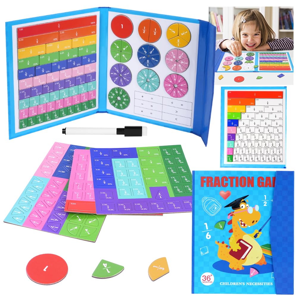 OFFCUP Magnetic Fraction Puzzle for Kids- Educational Math Montessori Fraction Manipulatives Magnetic Fraction Tiles & Fraction Circles Set for Kids Preschool to Elementary School（Dinosaur）