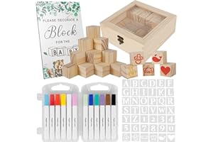 104PCS Baby Shower Block Game Set, Baby Shower Games Sign Kit, Wooden Baby Blocks with 12 Markers, 48 Blank Wooden Blocks, 42