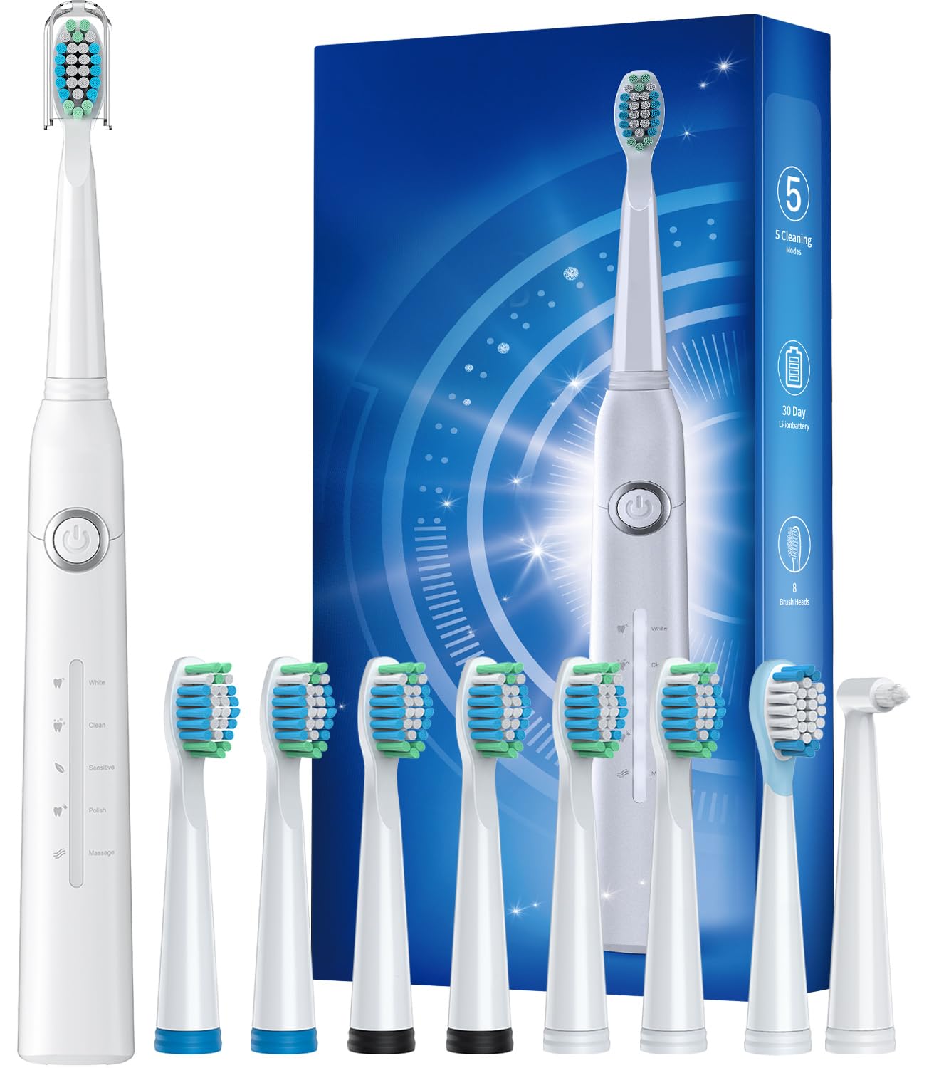 Electric Toothbrush for Adult, Sonic Toothbrushes with 8 Brush Heads 40000 VPM 5 Modes, Sonic Toothbrushes Fast Rechargeable 4 Hours Last 30 Days (P1, Cleanwhite)