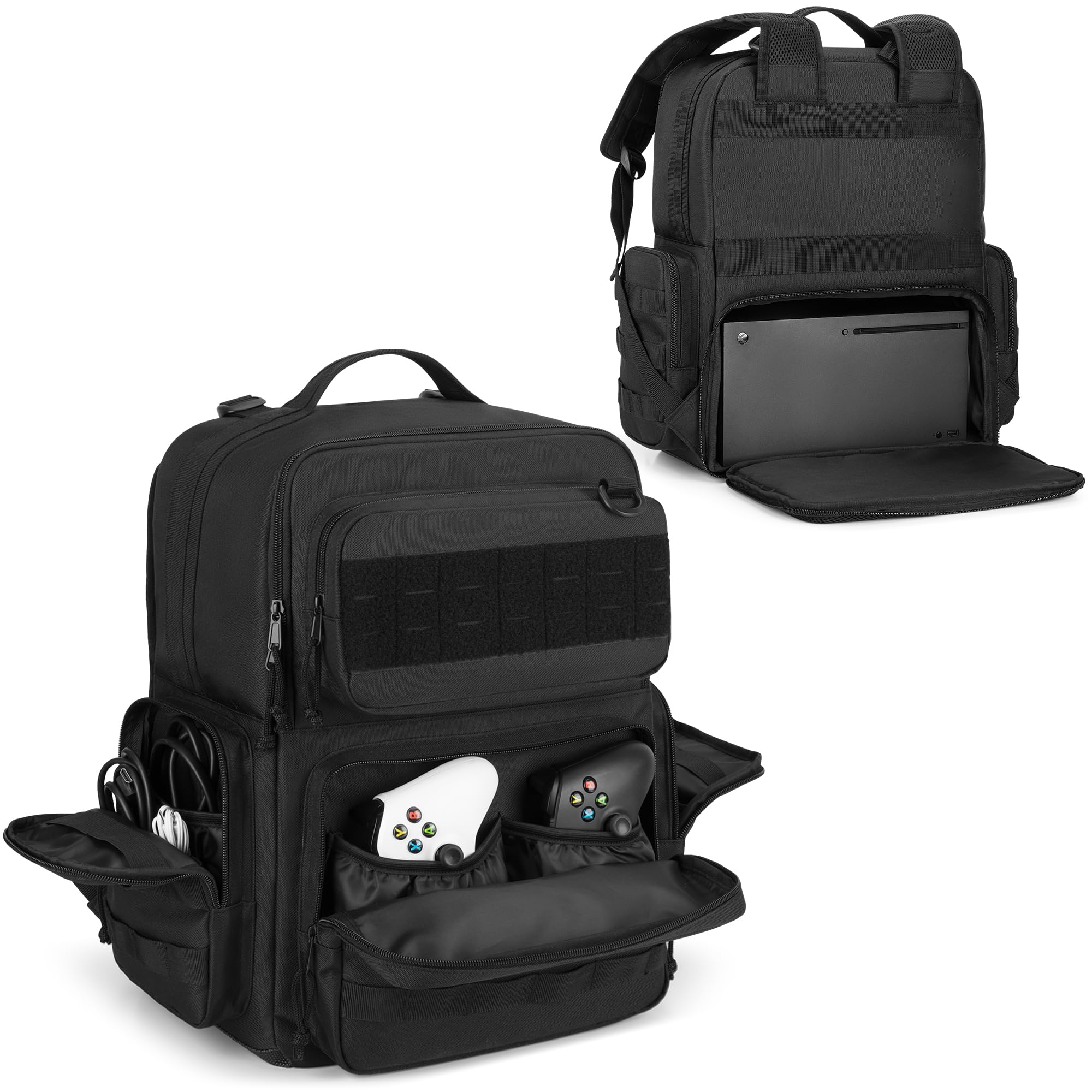 PGmoon Travel Tactical Backpack Compatible with Xbox Series X Console Carrying Case Bag with Individual Room for Console, Plenty of Pockets for Controllers, Headphone and More(Patent Design)