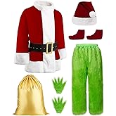 Suroomy Green Christmas Costume for Men Halloween Costumes Adult Santa Costume with Mask 8PCS Deluxe Funny Cosplay