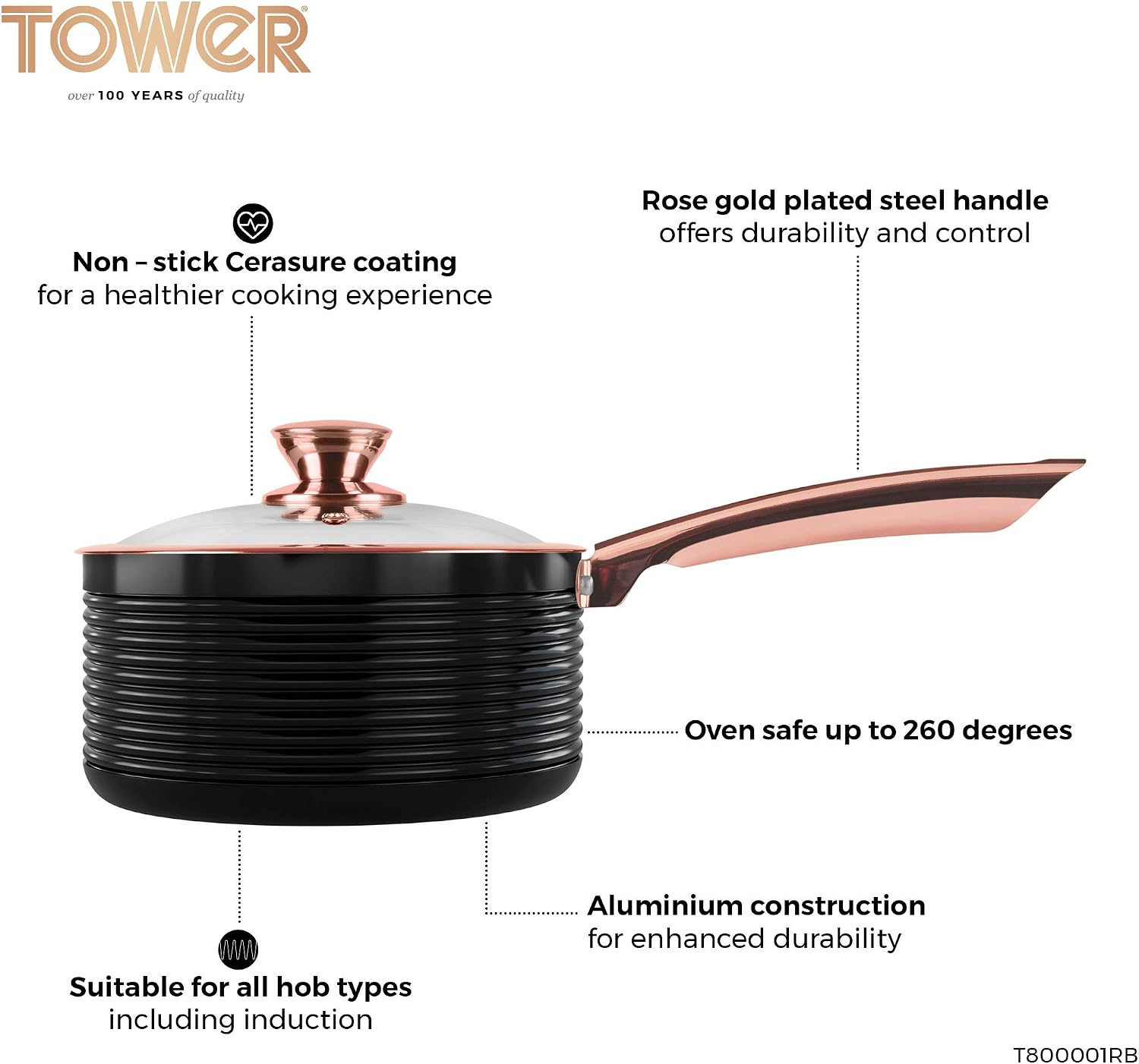 Tower T800001RB Linear Non Stick Induction Saucepans Sets With Lids, Easy Clean, Black and Rose Gold, 3 Piece Set, 16/18/20 cm - Image 3