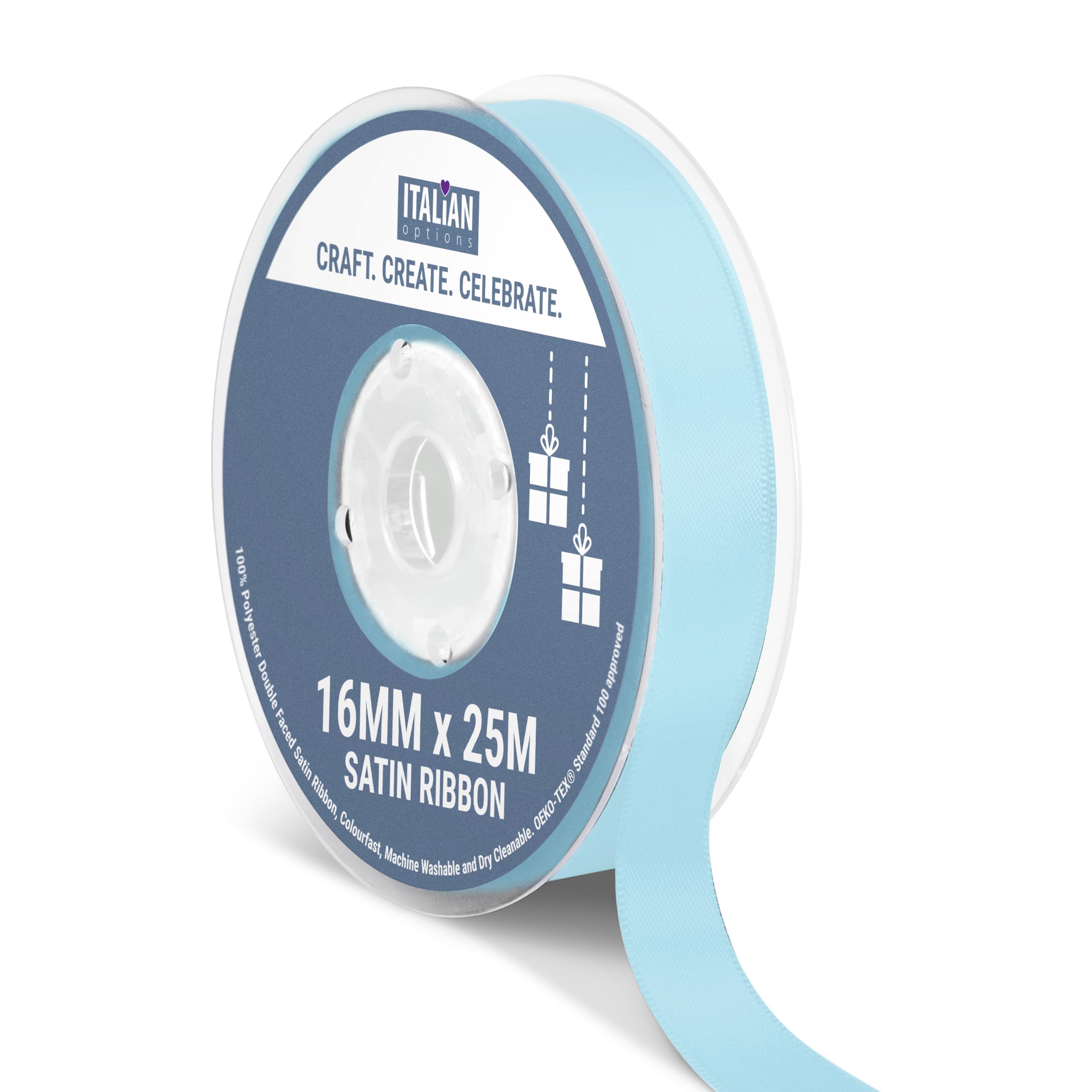 Italian Options Satin Ribbon, Fabric Ribbons for Gift Wrapping, Crafting, Balloons, Wedding Car, Presents, Cake, Christmas, Birthday, Gift Wrap Accessories, 16mm Wide x 25 Metre Roll, Pale Blue