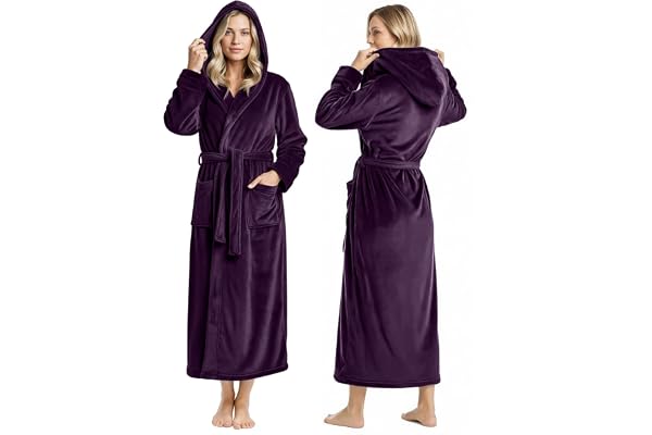 Premium Ultra Soft Robes for Women with Hood Plush Fleece Long Bathrobe | Calf Length Relaxed Comfortable Fit Adjustable Belt