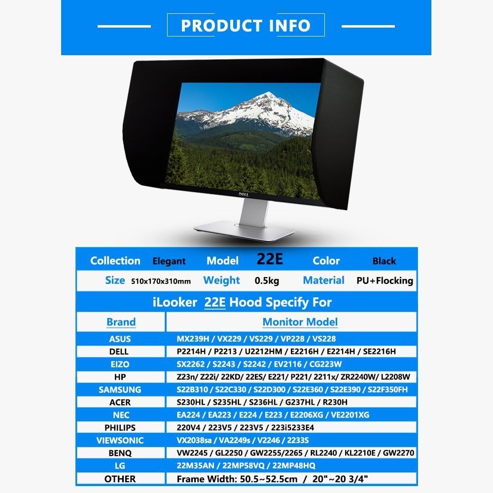iLooker 22E 21~22 inch LCD LED Video Monitor Hood Sunshade Sunhood for Dell HP Viewsonic Philips Samsung LG EIZO NEC ASUS ACER BENQ AOC LENOVO - Image 3