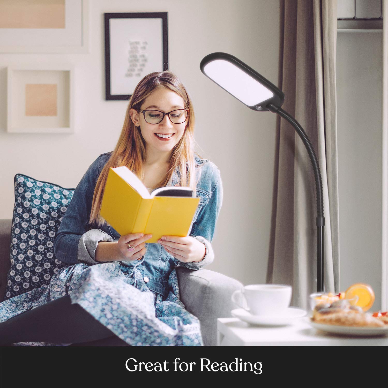 Brightech Litespan Slim LED Floor Reading Lamp - Tall with Adjustable Gooseneck, Dimmable for Living Rooms, Offices & Bedrooms - Black