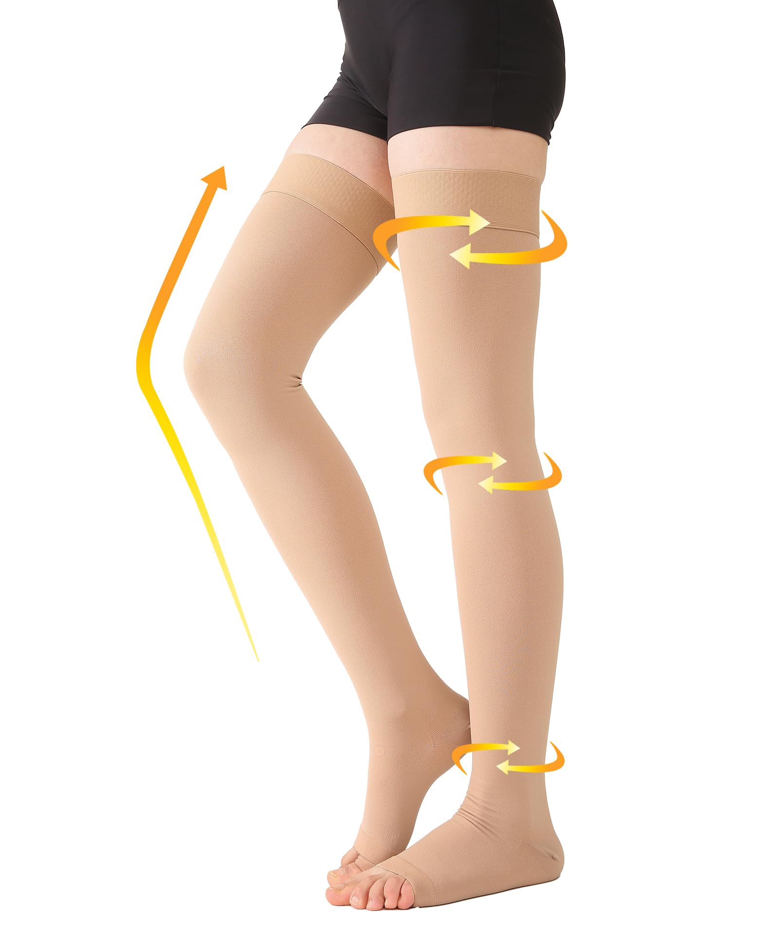 Photo 1 of MGANG Medical Thigh High Compression Stockings for Men & Women, Pair, Open Toe, 20-30 mmHg Graduated Compression Support Hose, Opaque, Best for Varicose Veins, Edema, Flight, DVT, Swelling, Beige 4XL