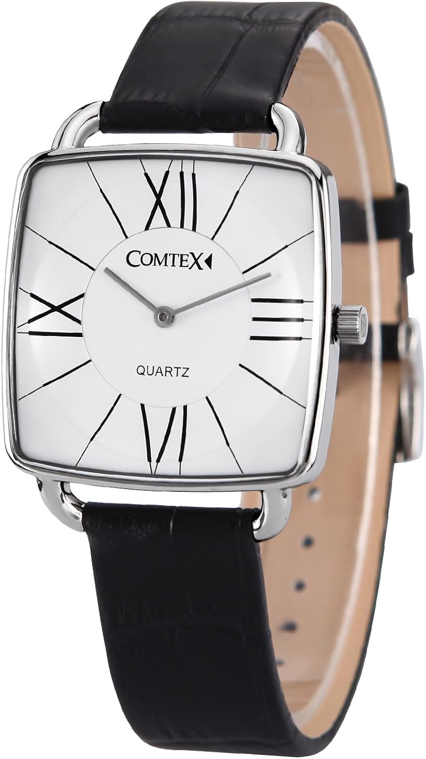 Comtex 腕時計 クオーツ 防水 ブラック 本革バンド 男性 四角形 個性的 ホワイト 時計 メンズ メンズ腕時計 腕時計 通販 Amazon