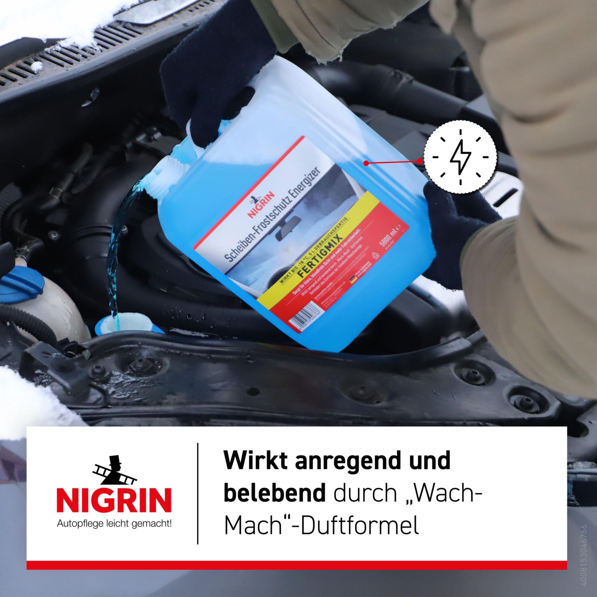 NIGRIN Scheiben Frostschutz Fertigmix ENERGIZER | 5 Liter | wirksam bis -18°C | Reinigungszusatz für Autoscheiben und Scheinwerfer | gegen Schnee, Salz, Öl, Ruß | schlierenfreie Sicht | Wach-Mach Duft 4