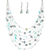 Multi-Layer Boho Shell Beaded Necklace for Women Colorful Crystal Strand with Silver Beads Statement Collars Necklace and Earrings Costumes Jewelry Sets for Women