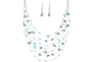 ERRALLY Multi-Layer Boho Shell Beaded Necklace for Women Colorful Crystal Strand with Silver Beads Statement Collars Necklace and Earrings Costumes Jewelry Sets for Women