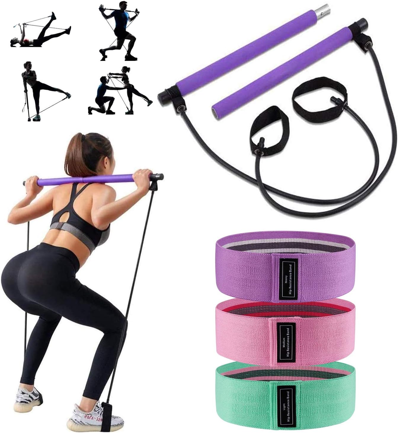 Inspire You Portable Pilates Bar Kit with Resistance Band Yoga Stick Adjustable Foot Loop