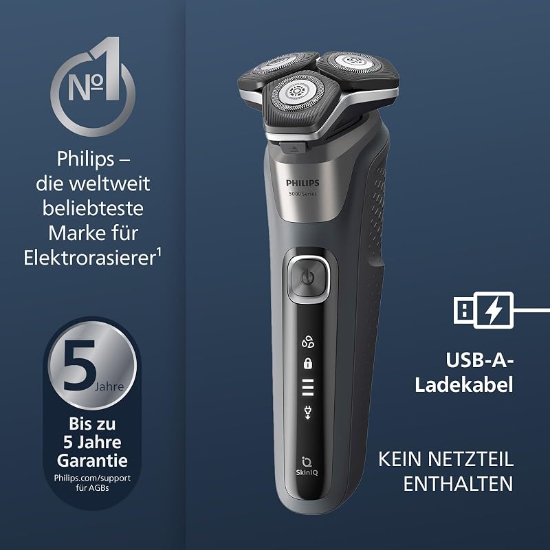 Shaver Series 5000 – Elektrischer Rasierer für Herren, Nass- & Trockenrasierer in Carbongrau, integrierter ausklappbarer Trimmer, weiche Tasche, Schutzkappe & Ladestation (Modell S5887/13) — Foto 2 von 7