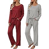 Ekouaer Womens 2 Pack Pajama Set Short & Long Sleeve Pajamas Top and Pants V Neck Pjs Set Soft Loungewear with Pockets