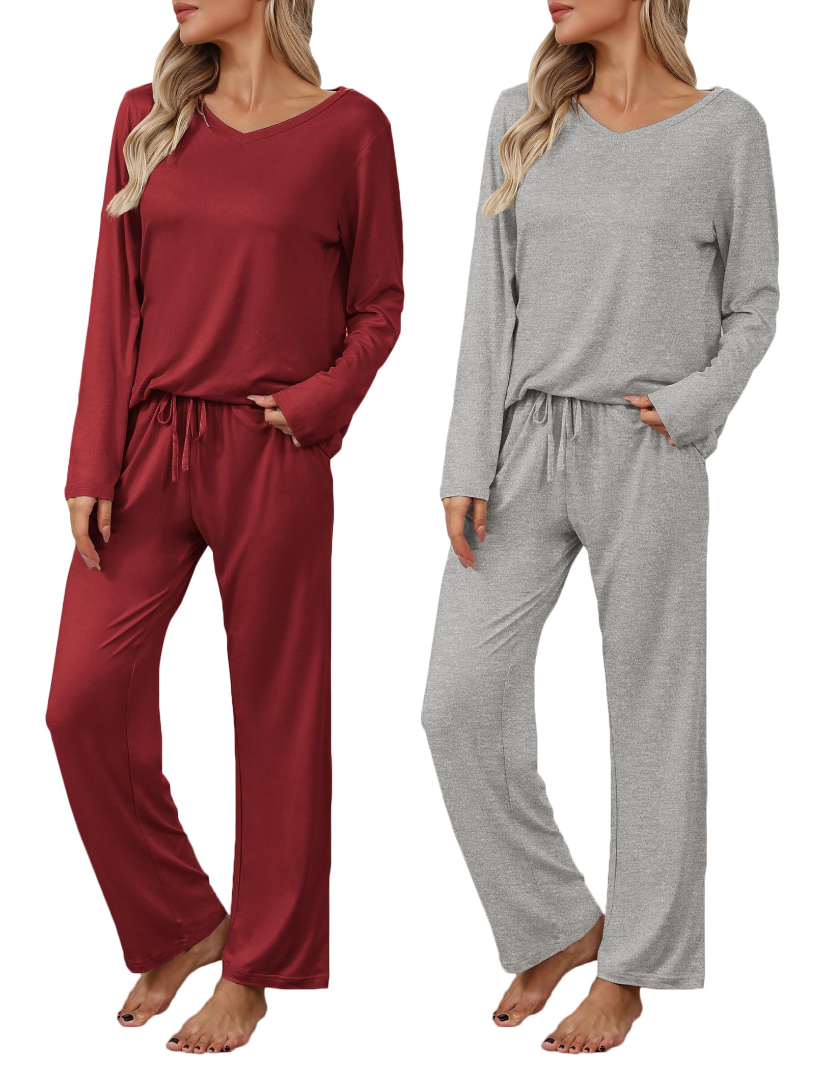 Ekouaer Womens 2 Pack Pajama Set Long Sleeve Pajamas Top and Pants V Neck Pjs Set Soft Loungewear with Pockets