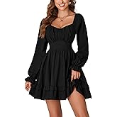 KIFOVEN Women's Lantern Long Sleeve Smocked Wrap Tiered Ruffle Flowy A Line Short Mini Dress Black X-Small