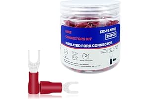 KOLODOGO 250PCS Insulated Fork Spade Wire Connectors, Tinned Red Copper Red U-Type Wire Connector Electrical Crimp Terminal, 6 Stud Size 22-16AWG (#6 Red 22-16 Gauge)