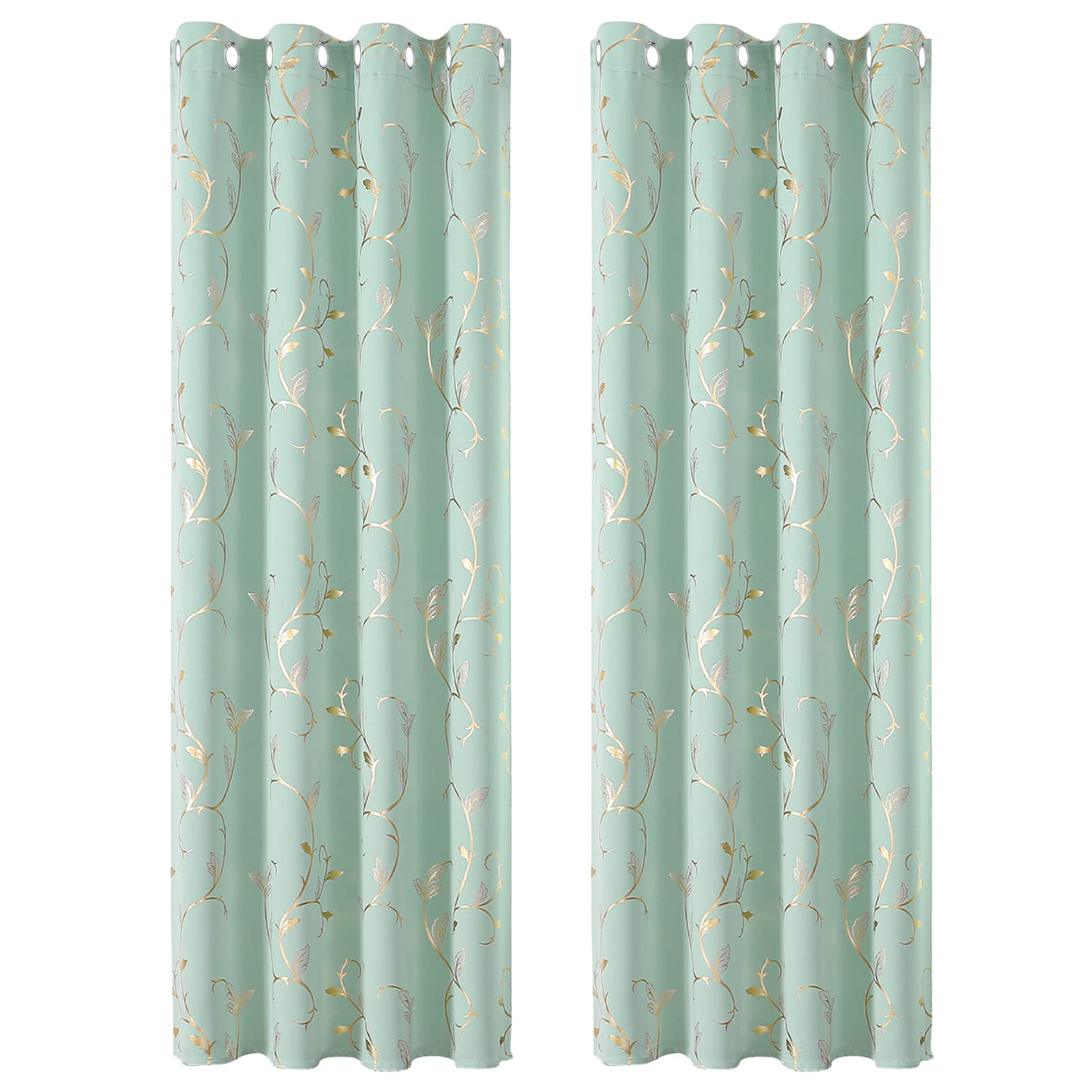 BUHUA Aqua Blackout Curtains, Gold Foil, Heat-Insulating Curtains with Eyelets, Set of 2, H 183 x W 132 cm Curtains for Living Room & Bedroom, Thermal Curtain, Cold Protection