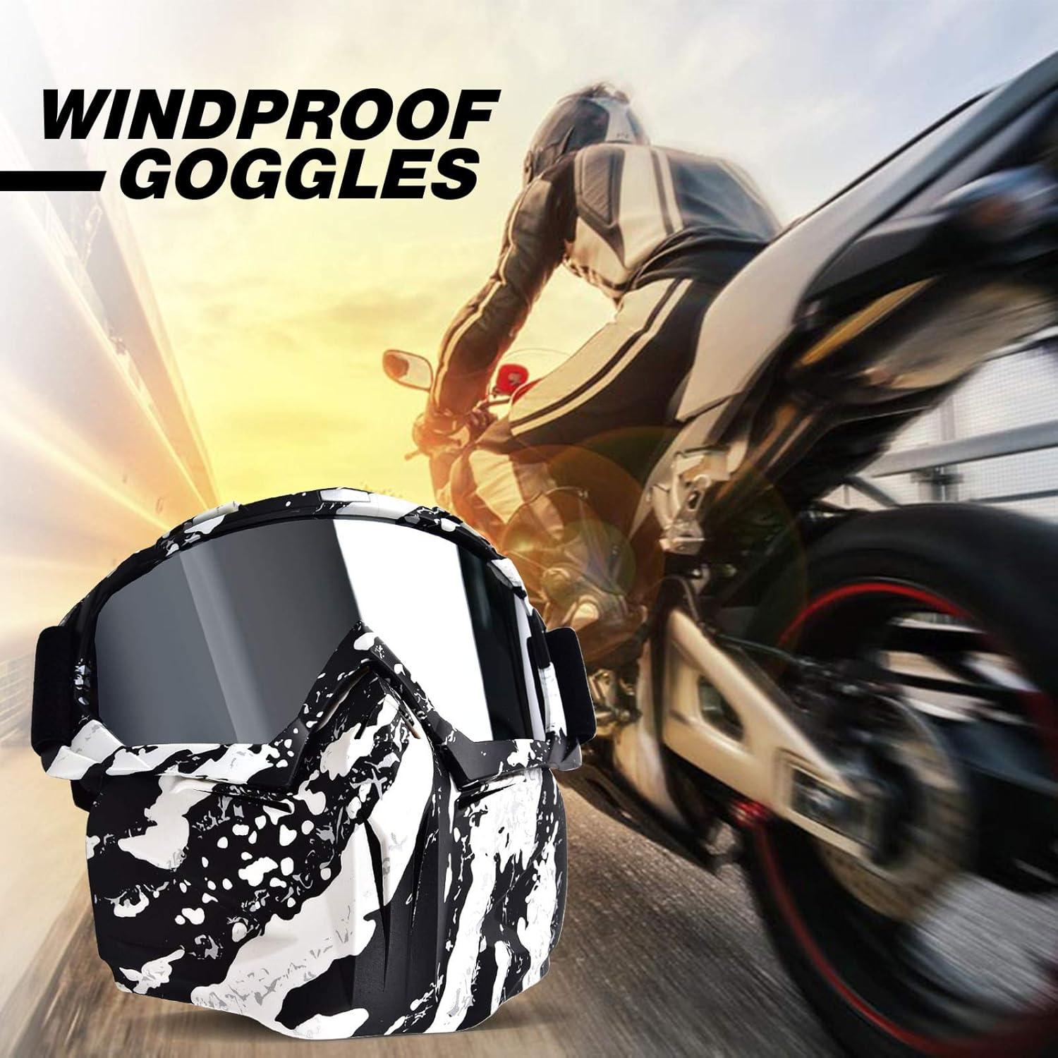 BOLLFO Motorcycle Goggle Mask, Protective Glasses with Detachable Mask for Cycling, Skiing, Paintball, Riding, Halloween Adjustable Windproof Outdoor Anti-Fog Face Mask (White & Black Frame): Sports & Outdoors