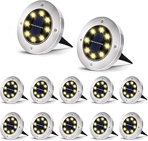 SEFON Solar Ground Lights, 8 LED Solar Garden Lights, Outdoor Solar Disk Lights, Waterproof In-Ground Lights, Landscape Lights for Pathway, Yard, Deck, Patio, Walkway, 12 Packs, Warm White