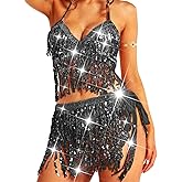 BODIY Sequin Fringe Skirt Top Sparkly Belly Dance Outfits for Women