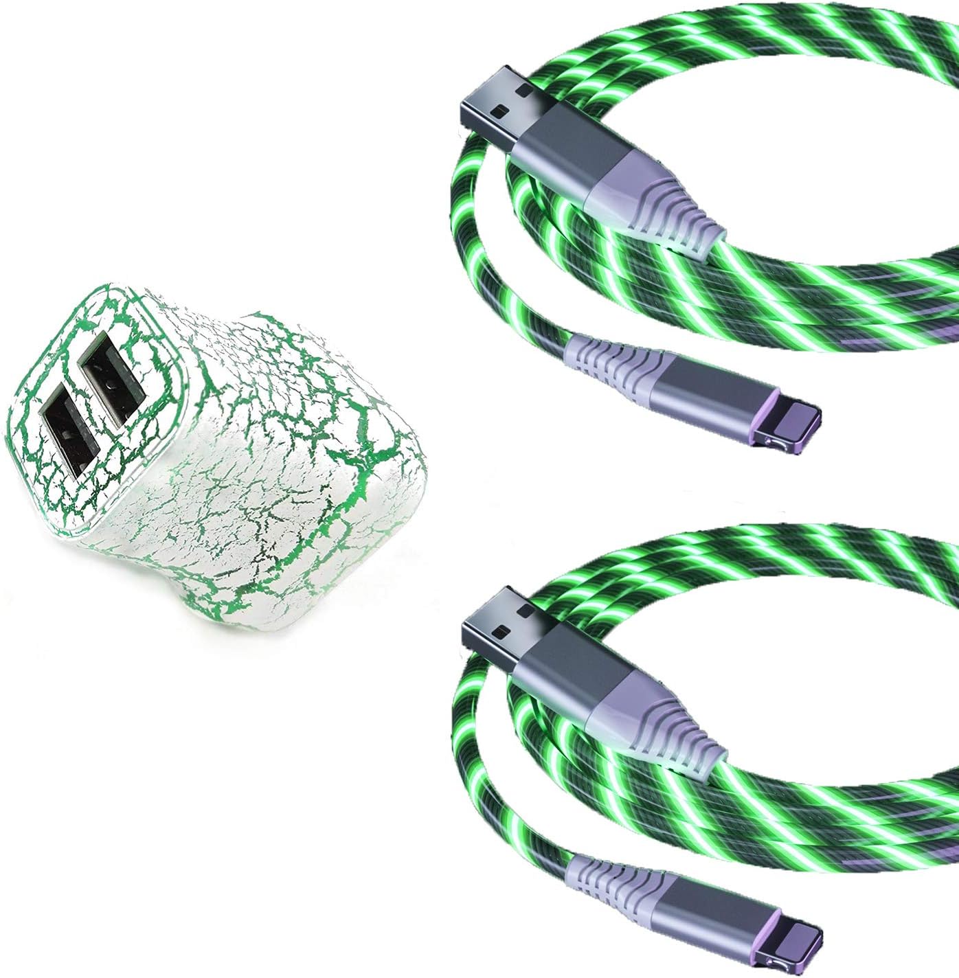 EEkiiqi 2 Packs Led Flowing USB Charger Cable EL Light up Phone Charger Cord with 2.1A Dual USB Wall Charger Led Light Up USB Charger Glow in The Dark for Phone XS Max/8 Plus 7 7 Plus(Green)