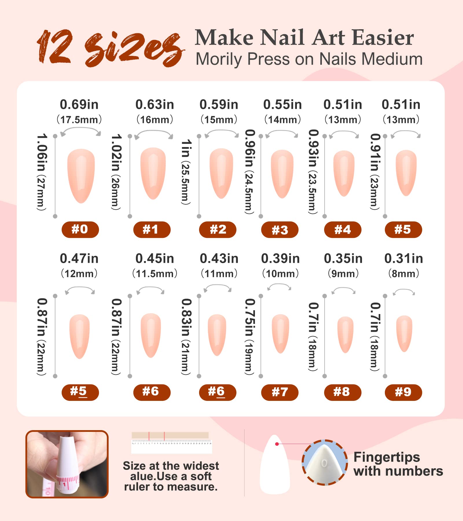 Morily Press on Nails Medium - Nude Almond Fake Nails Solid Color Pink Glossy False Fingernails in 15 Sizes, Long Stick on Nails for Women - 30Pcs - Image 7