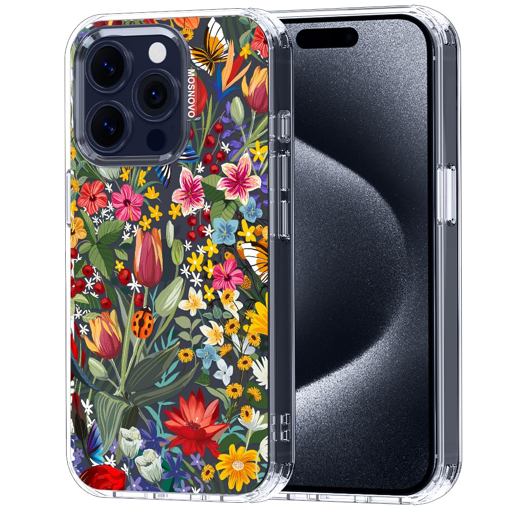 MOSNOVO Case for iPhone 15 Pro, [Buffertech 6.6ft Military-Grade Drop Protection] [Anti Peel Off Tech] Clear TPU Bumper Phone Case Cover Design - In The Garden — image 1
