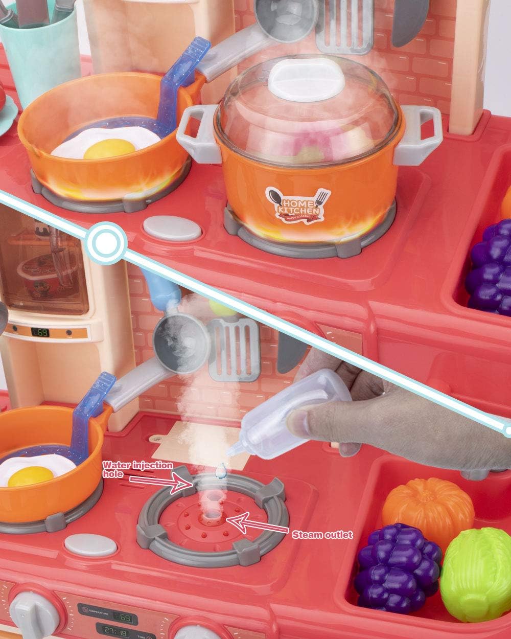 UNIH Kids Kitchen Sets for Girls Little Pretend Pink Play Kitchen Playset Toy with Realistic Lights & Sounds,Play Oven & Sink,Other Kitchen Accessories Toys for Girls and Boys: Toys & Games