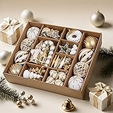 SHareconn 70pcs 2025 Classic Christmas Balls Ornaments Set, Shatterproof Plastic Baubles, Ribbon and Tree Topper for Xmas Tree Holiday Wedding Party Decorations with Hanging Strings, White and Gold