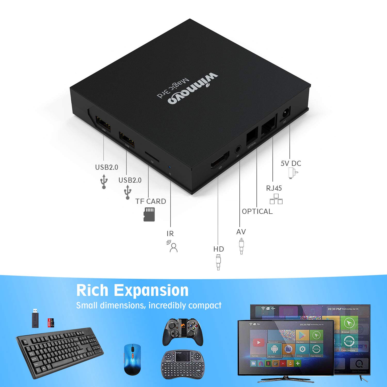Winnovo 4K Android 9.0 TV Box, Magic 3rd Ultra HD 4GB RAM 32GB ROM Smart TV Streaming Player ARM 64 Bits Quad Core Processore, Supporto H.265/WiFi/USB/HDMI