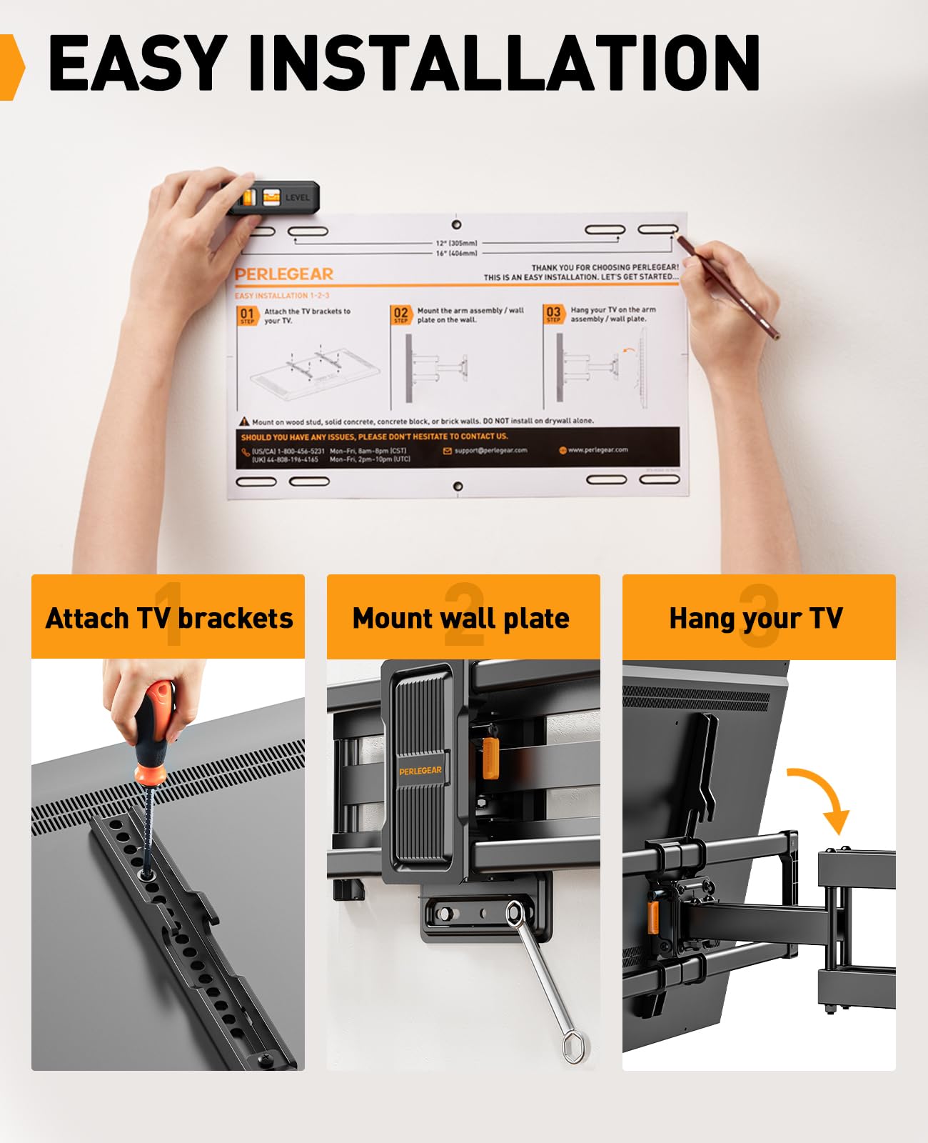 Perlegear TV Wandhalterung Schwenkbar Neigbar für 42-86 Zoll Flach & Curved Fernseher, TV Halterung max.VESA 600x400mm bis zu 60kg 6