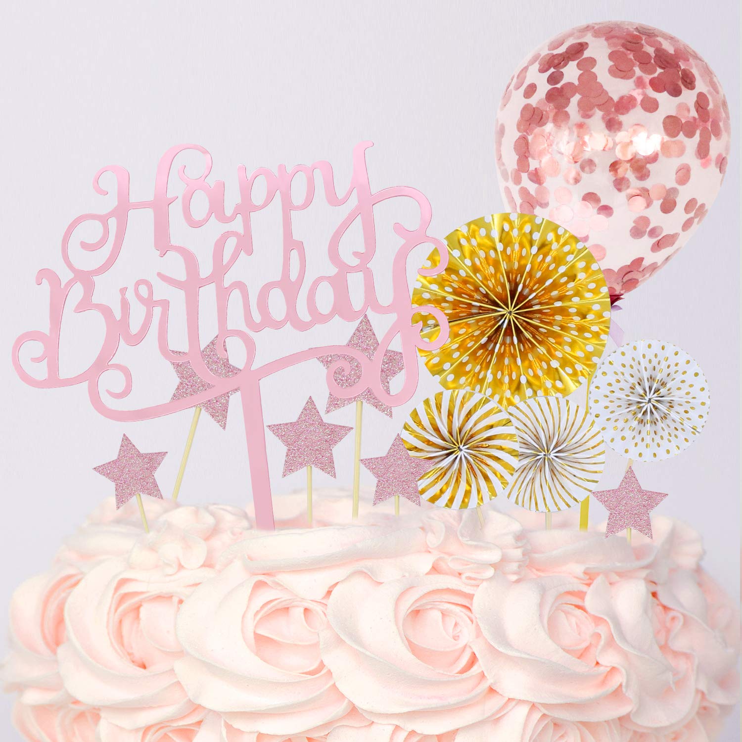 Rose Gold Happy Birthday Cake Toppers Pack Acrylic Glitter Star Fans Confetti Balloon Cupcake Party Decor Decorations (J)