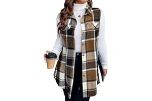 Mina Self 2025 Women's Fall Flannel Plaid Vest Tops - Sleeveless Long Single Breasted Casual Fashion Jackets With Pockets