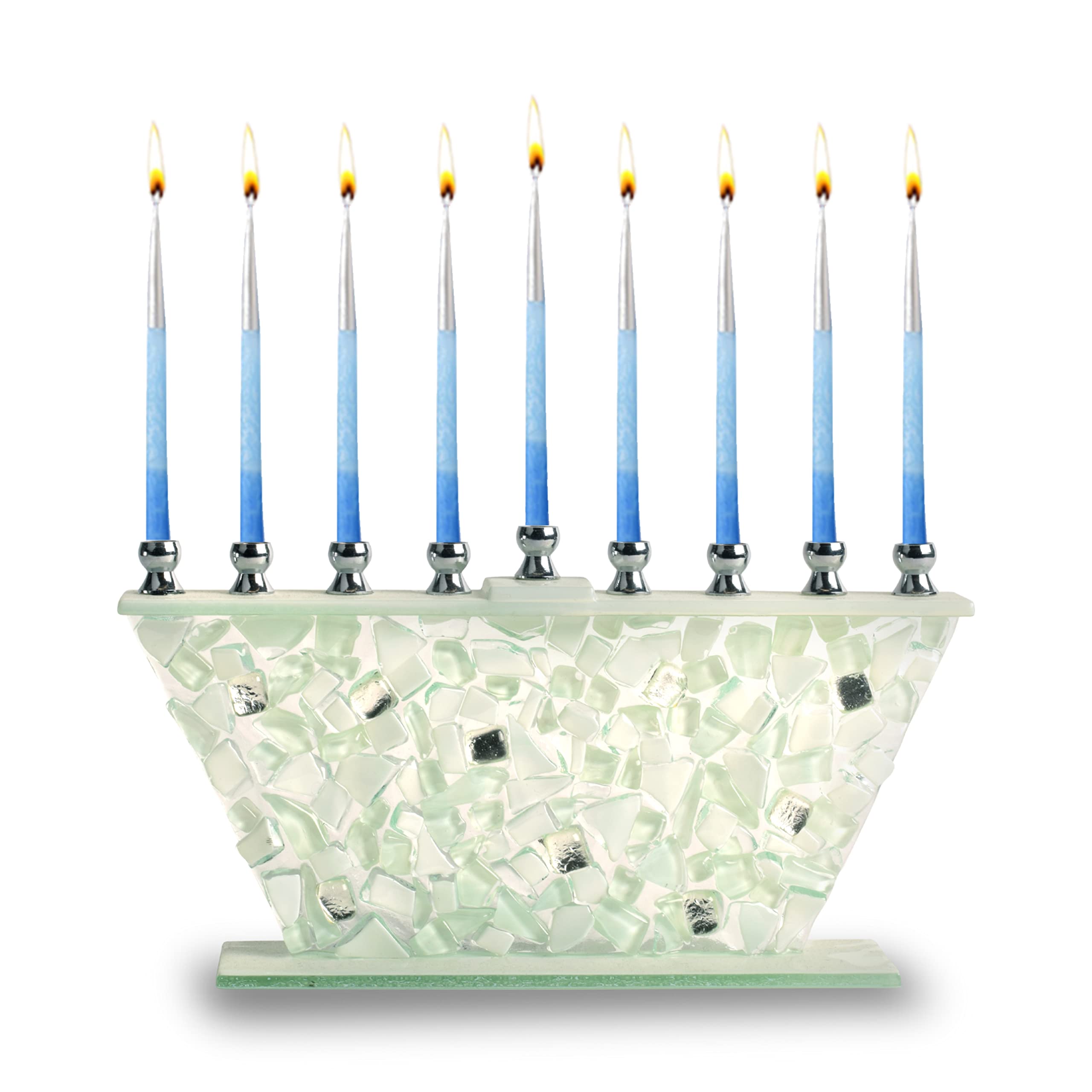 Ner Mitzvah Glass Hanukkah Menorah - White Shattered Glass Chanukah Menorah - Handcrafted Painted Glass Menorah - Fits All Standard Chanukah Candles