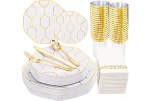 COLOSUS 175PCS New Year Disposable Plastic Party Plates Dinnerware set - 25 Guest Gold White Plastic Dinner plates Dessert Plates Silverware cup and Napkins - for Party/Wedding