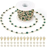 Pandahall 16.4 Feet Green Rhinestone Jewelry Chains Glass Crystal Gold Chains Flat Round Link Brass Chains with Jewelry Findings for Bracelet Necklace Jewelry Making