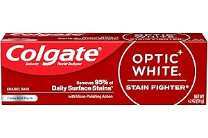 Colgate Optic White Stain Fighter Whitening Toothpaste, Clean Mint Flavor, Safely Removes Surface Stains, Enamel-Safe for Dai