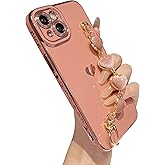 Caseative for iPhone 15 Plus Case,Cute Plating Love Heart Wrist Strap Chain Bracelet Phone Case (Pink)
