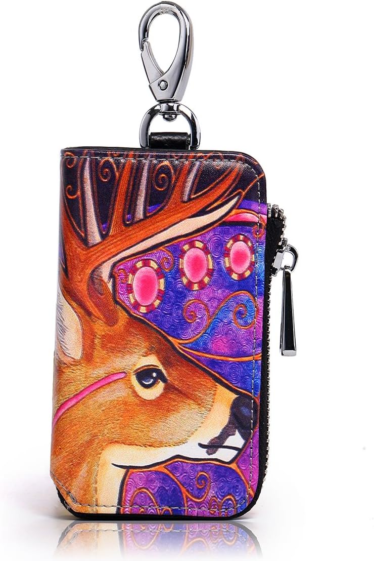 APHISONUK Soft Genuine Leather Key Case Wallet Car Car Key Holder Cartoon Patterns Zip Around Pocket Ring Small Purse Keychain Wallet - Holds 6 Keys