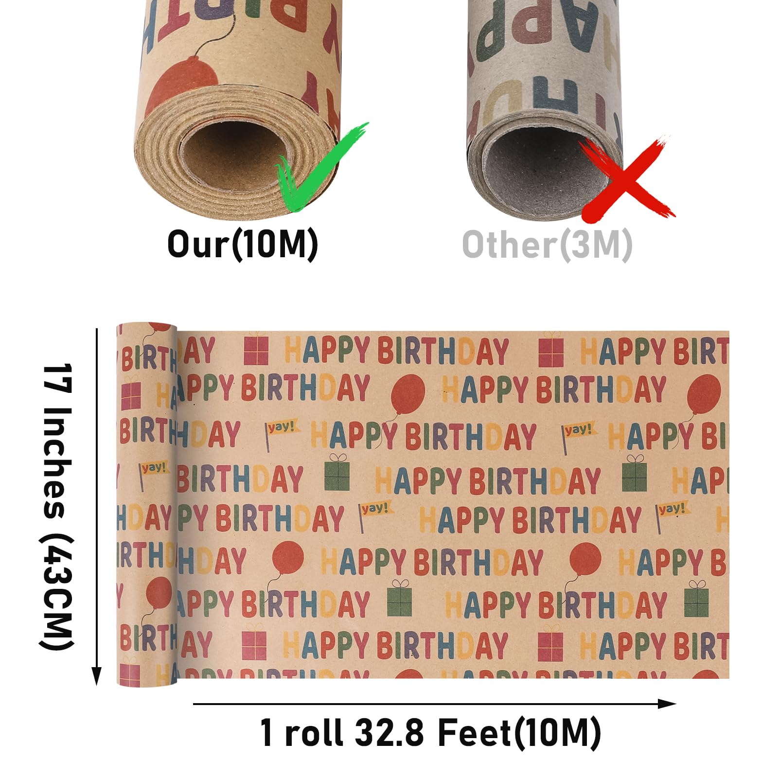 NESCCI Birthday Wrapping Paper,Gift Wrapping Paper Roll,Kraft Wrapping Paper-17 inch X 32.8 Feet Per roll,Colorful Happy Birthday Pattern For Boys Girls, Perfect For Birthdays Party, Baby Shower