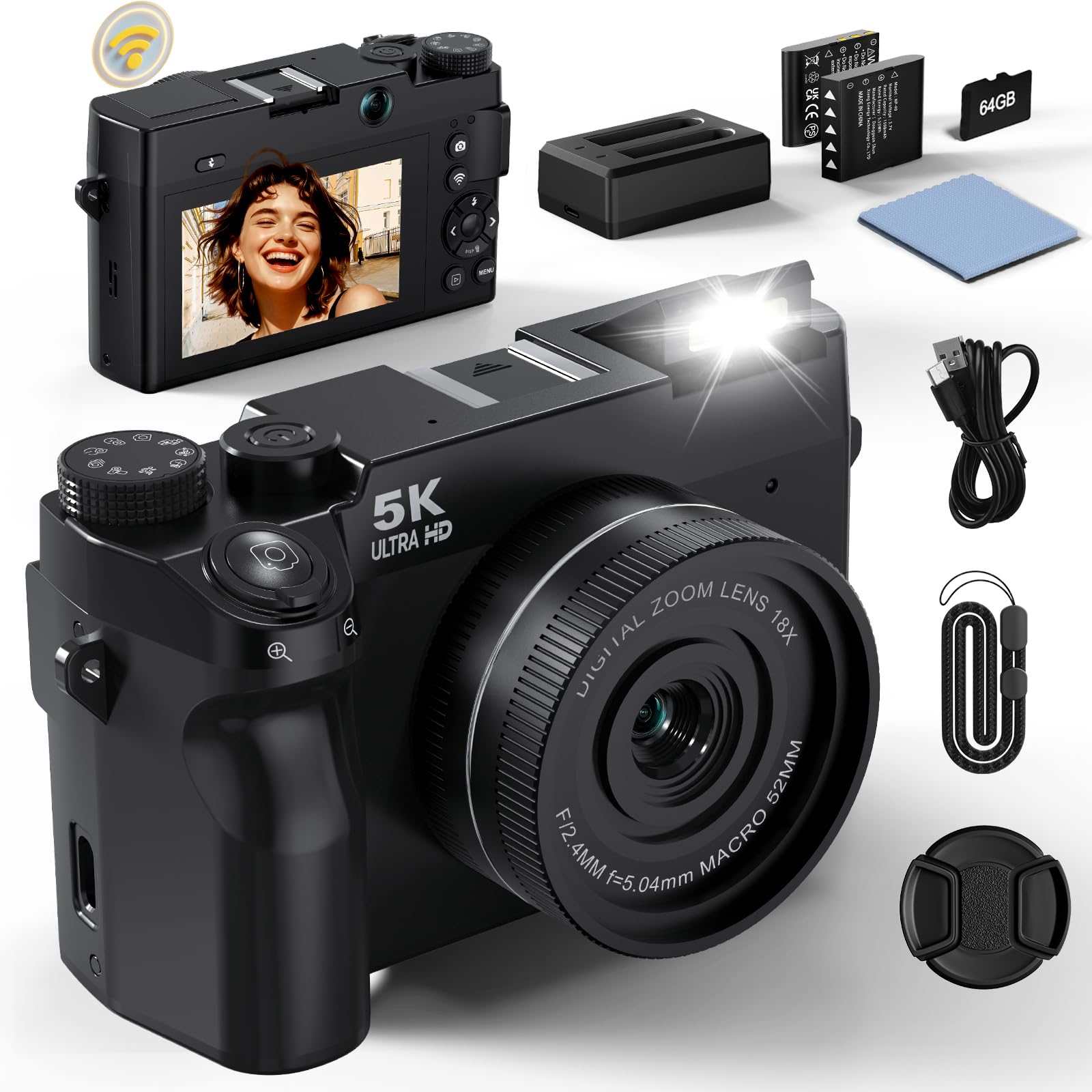 Photo 1 of Digital Camera, 5K 75MP Cameras for Photography, WiFi Vlogging Camera for Travel, UHD Dual Lens 18X Zoom Autofocus for Beginners and Teens, Gift, 2 Batteries & 1 Charger, 64GB