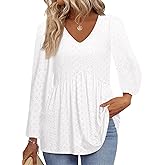 Tankaneo Womens Long Sleeve Shirts V Neck Loose Fit Tunic Tops Babydoll Peplum Top Flowy Dressy Casual Blouse Eyelet T-Shirt