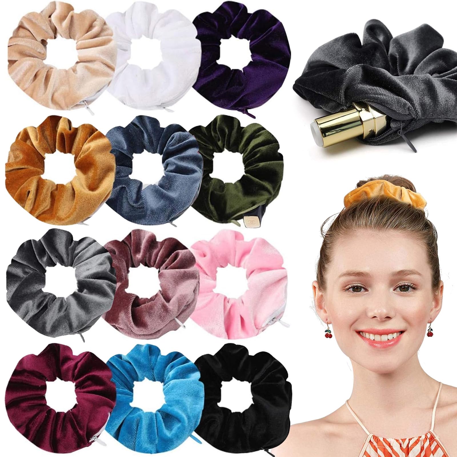 12 Pcs Velvet Hair Scrunchies with Zipper Pocket, Elastic Hidden Pocket Hair Ties Colorful Hair Bands with Zipper Pocket for Women Girls Gift Hair Accessories