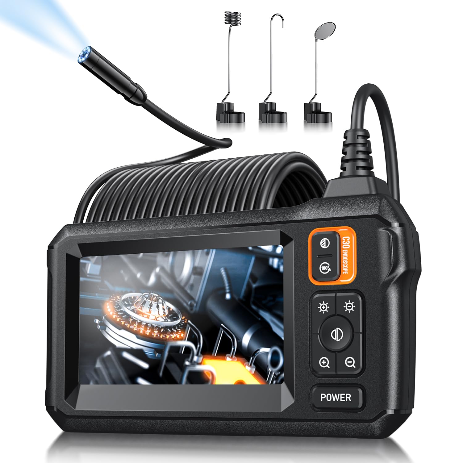 Photo 1 of Endoscope Camera with Light, Inspection Borescope Camera with 4.3" IPS Screen, 1920P HD with 8 LED Lights, 32.8FT Semi-Rigid Cord Bore Scope, IP67 Waterproof Endoscope for Sewer, Tools(Orange)