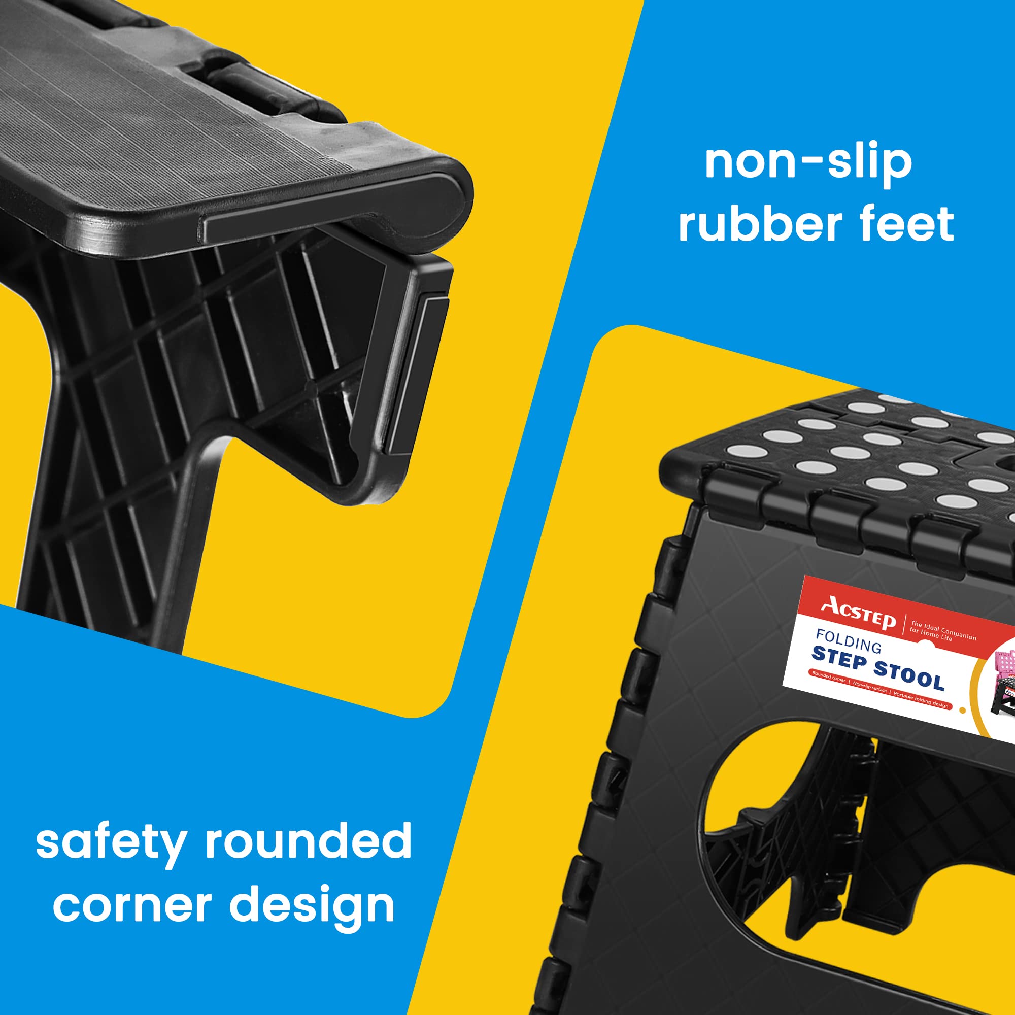 ACSTEP Folding Step Stool for Adults-11 Height Lightweight Plastic Stepping Stool. Foldable Step Stool Hold up to 300lbs Non Slip Collapsible Stool Black