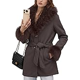 Xukiki Women Faux Fur Trench Coat Winter Mid Length Fleece Lined Pea Coat Belted Jacket with Fur Collar