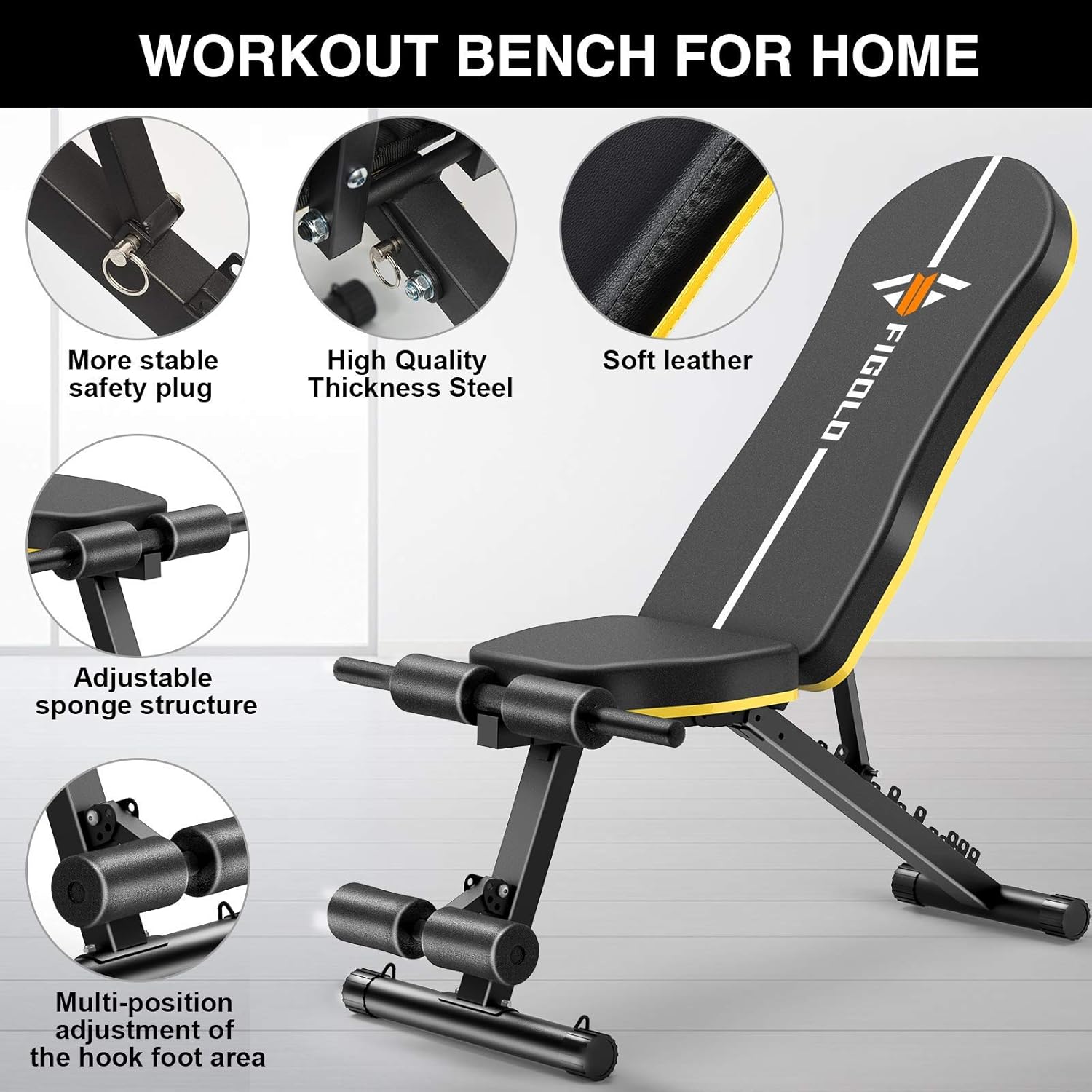 Weight Bench Adjustable, Figolo Workout Bench with Thicken Premium Steel Widen Seat for Home Gym Strength Training Press Bench with Easy Installation - Black : Sports & Outdoors