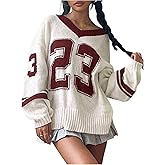 BEAUDRM Women's Y2K Sweater Oversized Sweaters Long Sleeve V Neck Pullover Jumper Knit Top